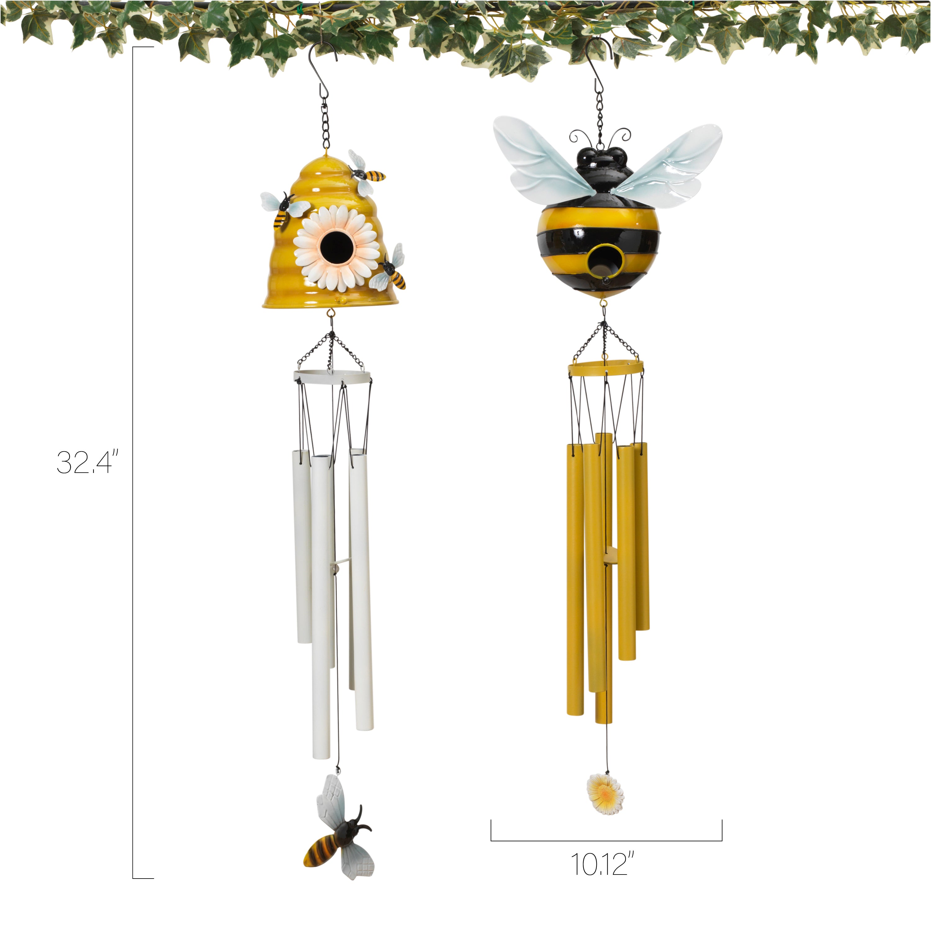 32.4 Inch Whimsical Metal Bee and Beehive Birdhouse Wind Chimes Set of 2